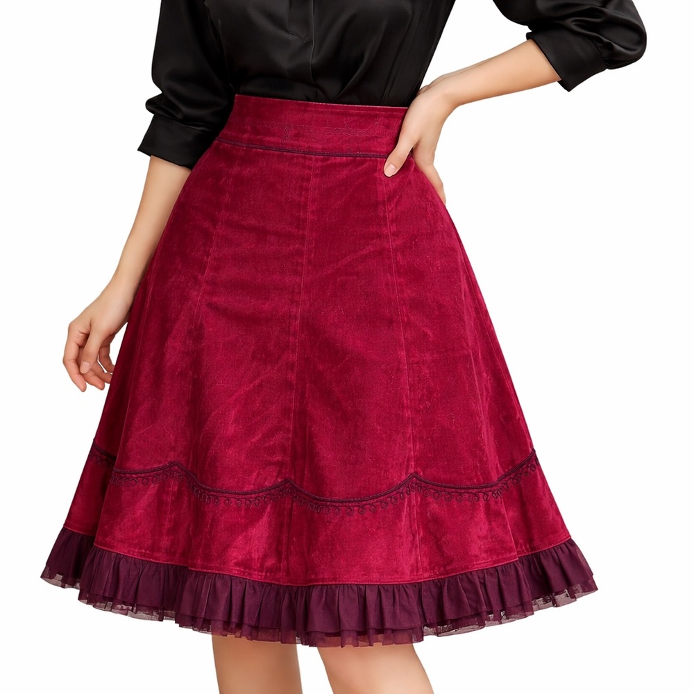 Burgundy Wine Velvet Embroidered Contrast Lace Ruffle Skirt Western Cowgirl